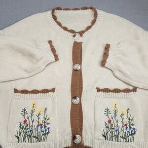 Romwe Cardigan Sweater Cream Brown Floral Embroidered Scalloped Womens XS US 2